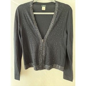 J Crew Sequin Sweater Half Zip Midnight Navy Black Lightweight Wool Size M